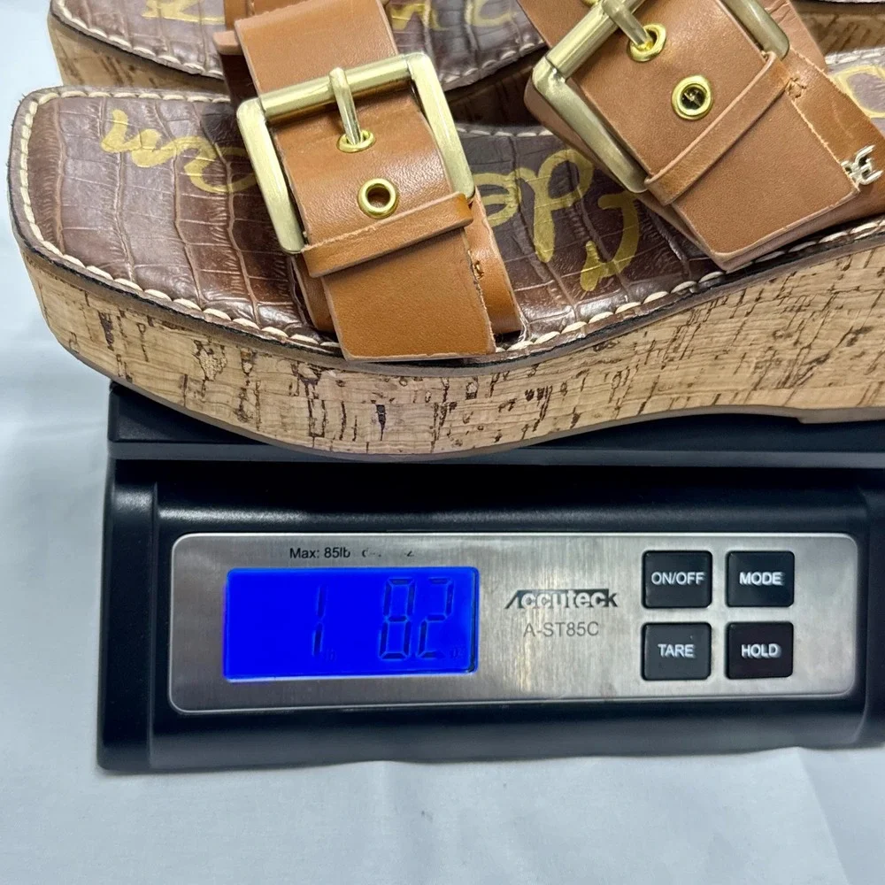 Sam Edelman Anna Leather Cork Wedge Sandals Gold Buckle Platform Square Toe 7.5